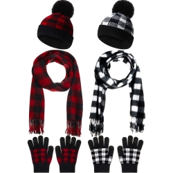 6 Pcs Buffalo Plaid Winter Warm Sets for Kids 2 Pcs Knitted Pom Beanie Hat 2 Pairs Knitted Plaid Gloves 2 Pcs Plaid Scarf for Boys and Girls Winter Christmas, Red, Black, White