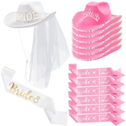 14 Pcs Bride Cowgirl Hat Set Bachelorette Bride White Cowboy Hat with Veil and Sash and Pink Cowgirl Hat and Sash for Bachelorette Party Bridal Shower Wedding Role Play Costume Supplies