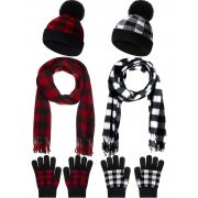 6 Pcs Buffalo Plaid Winter Warm Sets for Kids 2 Pcs Knitted Pom Beanie Hat 2 Pairs Knitted Plaid Gloves 2 Pcs Plaid Scarf for Boys and Girls Winter Christmas, Red, Black, White